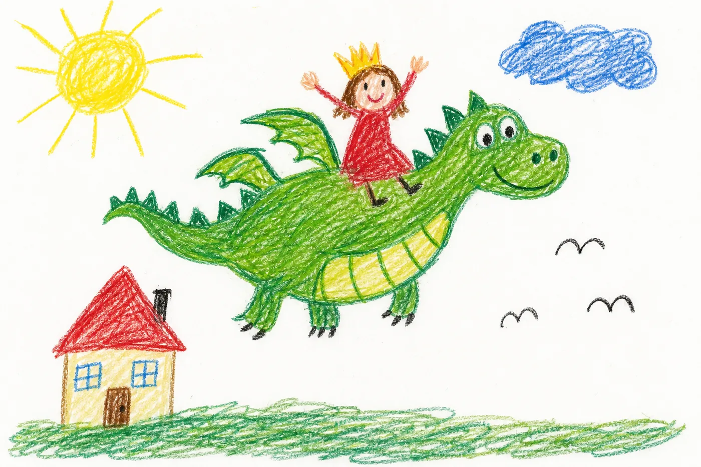 Kinderzeichnung mit Wachsmalstiften: eine Prinzessin reitet auf einem grünen Drachen über ein Haus, dazu Sonne, Wolke und Vögel
