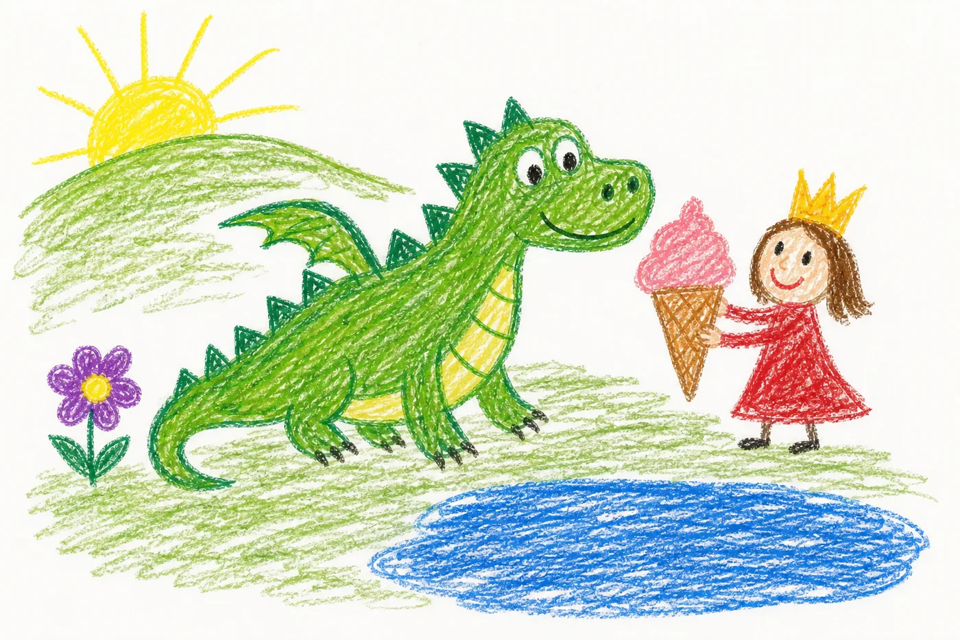 Kinderzeichnung: die Prinzessin gibt dem Drachen ein riesiges Eis, daneben ein See