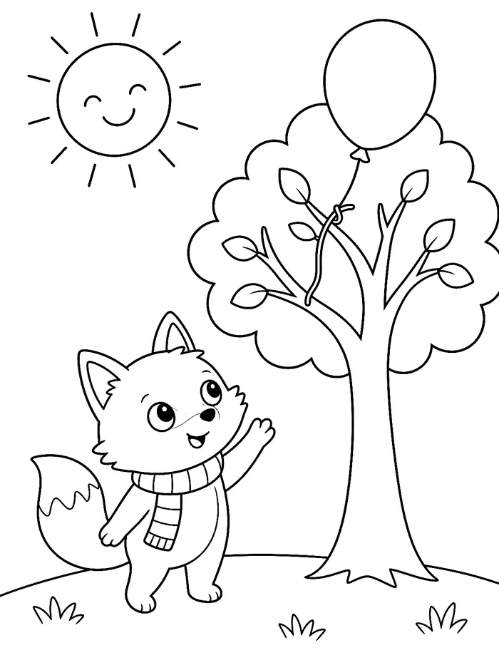 Ausmalbild: Pip, ein kleiner Fuchs, schaut zu einem Ballon im Baum