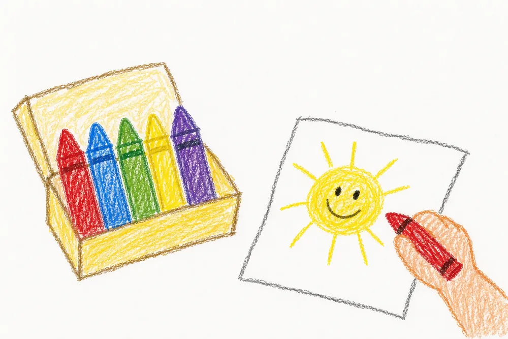 Kinderzeichnung: eine Schachtel Wachsmalstifte und ein Blatt mit einer lachenden Sonne