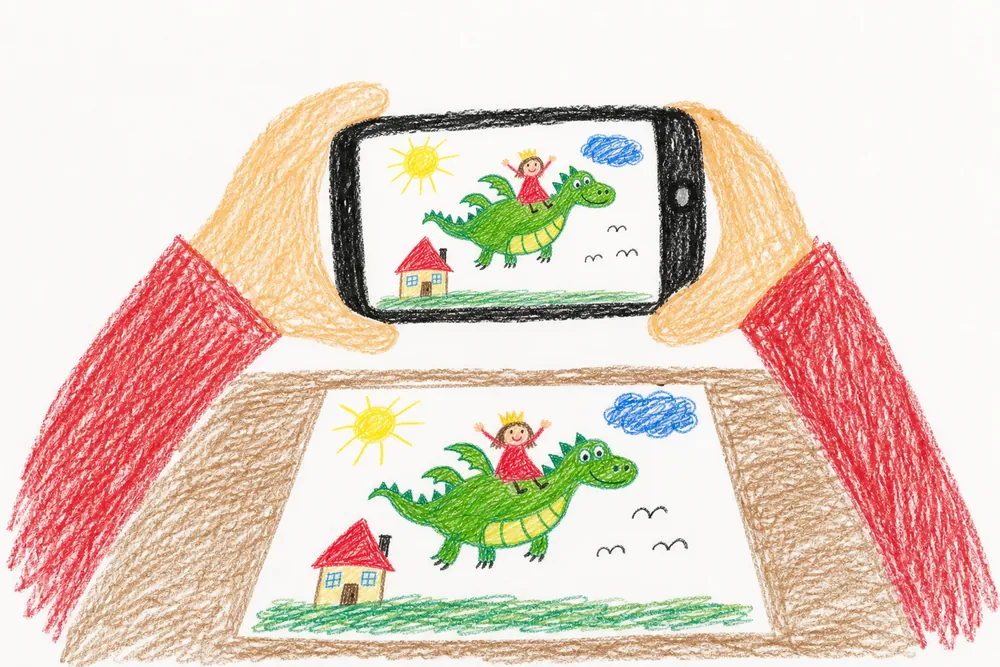 Kinderzeichnung: zwei Hände halten ein Handy über die Zeichnung auf dem Tisch