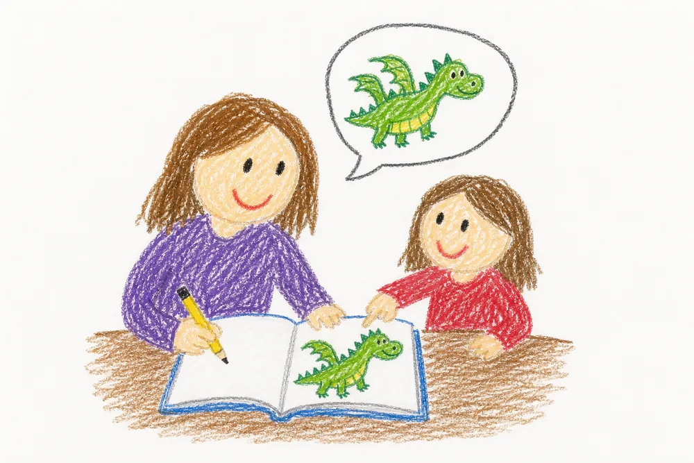 Kinderzeichnung: Mutter und Kind sitzen am Tisch, die Mutter schreibt in ein Buch mit einem Drachen darin