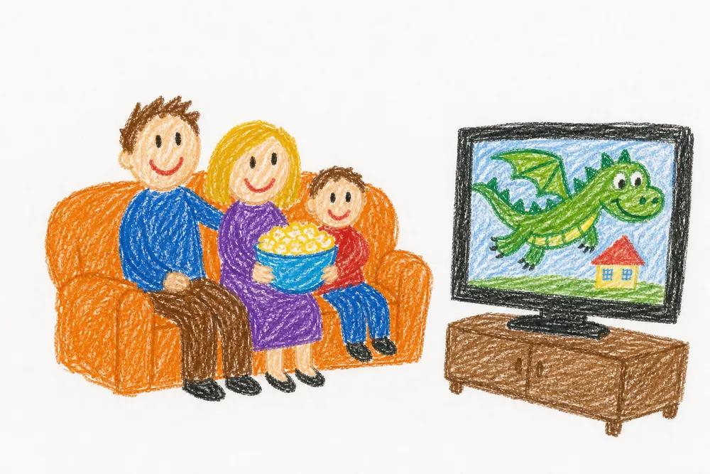 Kinderzeichnung: eine Familie auf dem Sofa schaut einen Film mit dem grünen Drachen